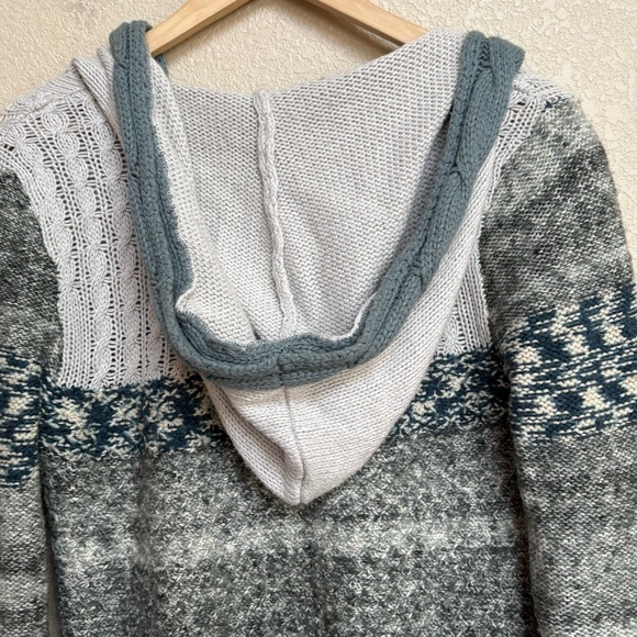 Free People We The Free Gray Blue Fair Isle Hooded Cardigan Sweater Coat Medium - Picture 6 of 8